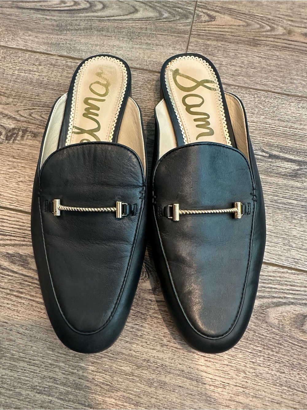 Sam Edelman Laurna Black Flat Mules with Gold Detail 8
